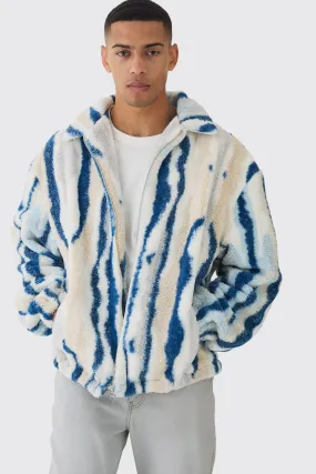 Oversized Borg Striped Zip Through Jacket In Blue