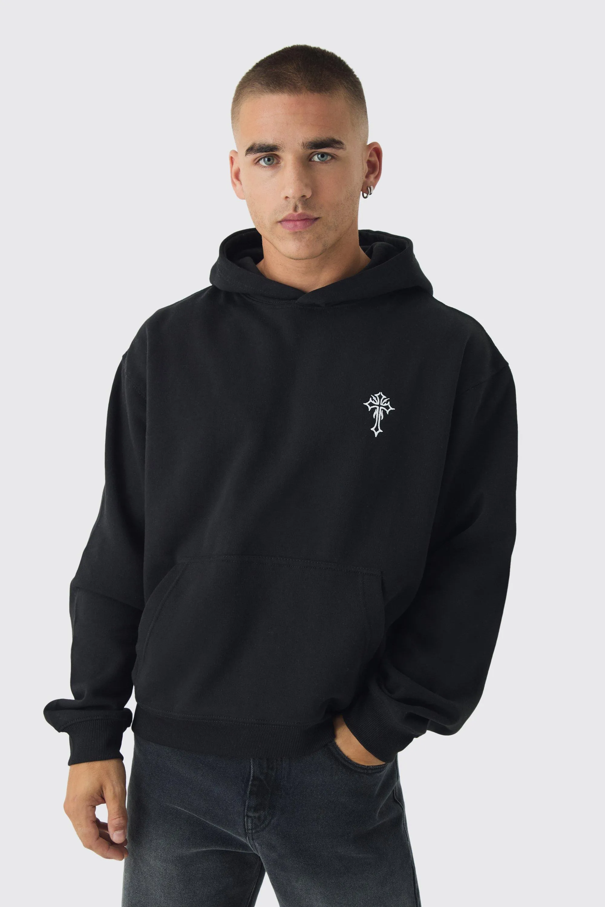 Oversized Boxy Gothic Cross Embroidery Hoodie