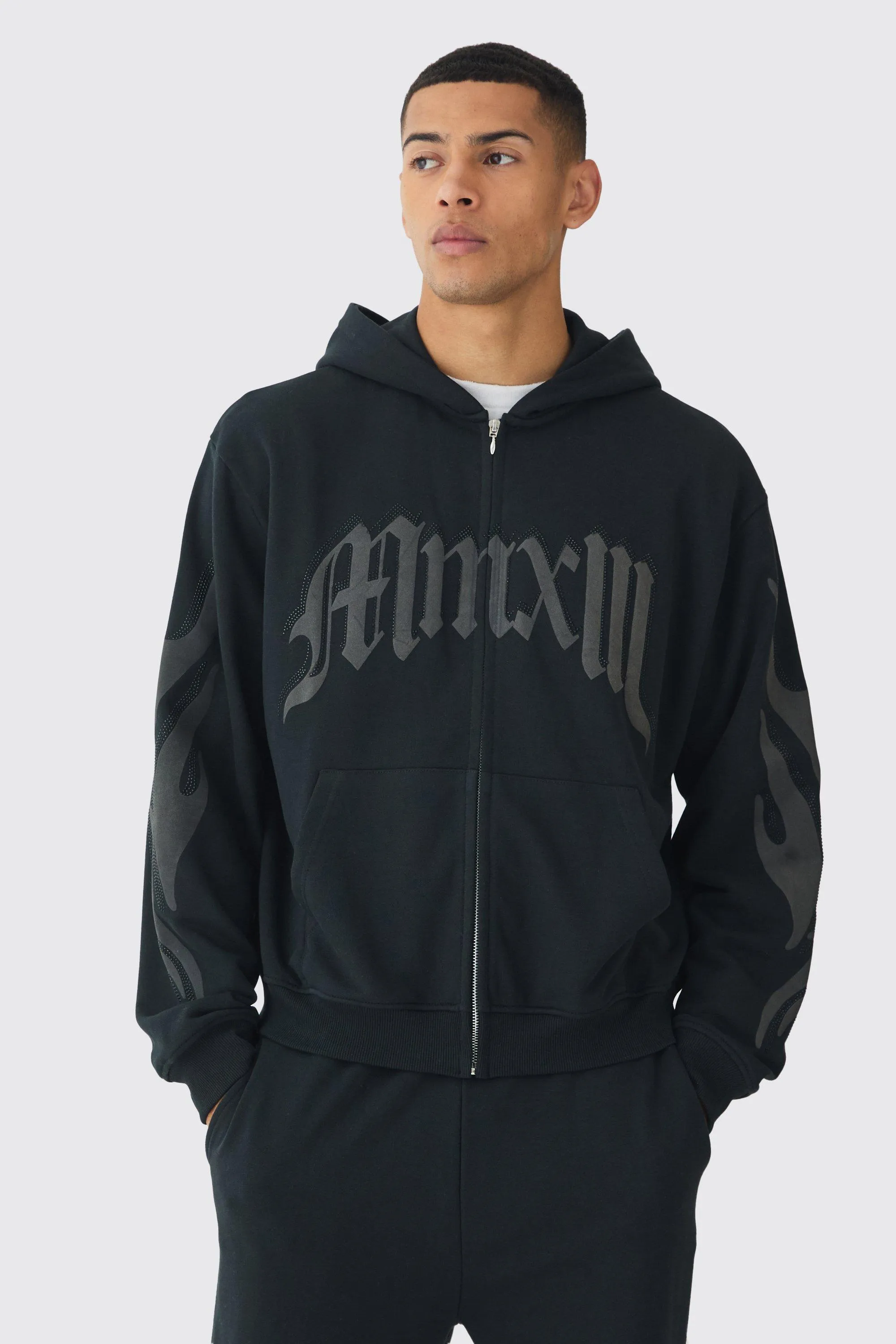 Oversized Boxy Gothic Rhinestone Loopback Zip Through Hoodie