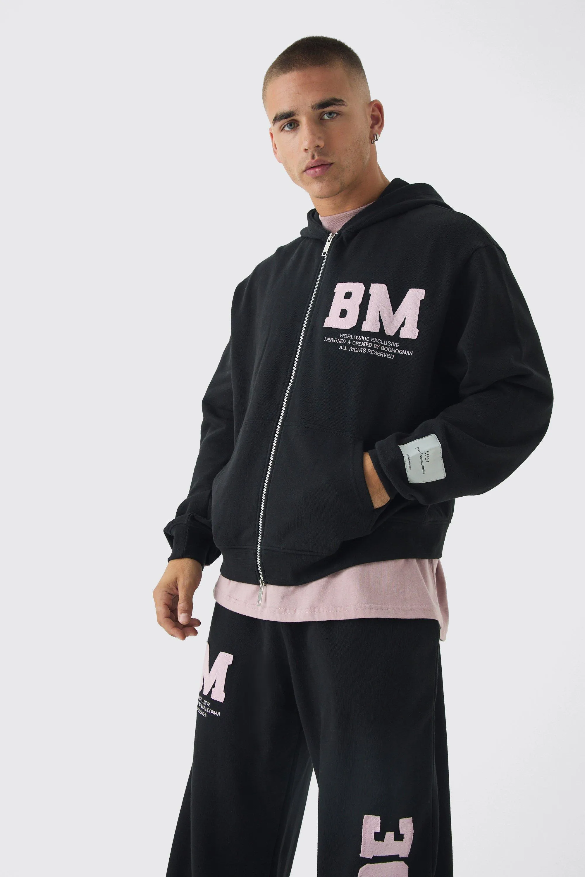 Oversized Boxy Worldwide Raw Edge Applique Zip Through Hoodie