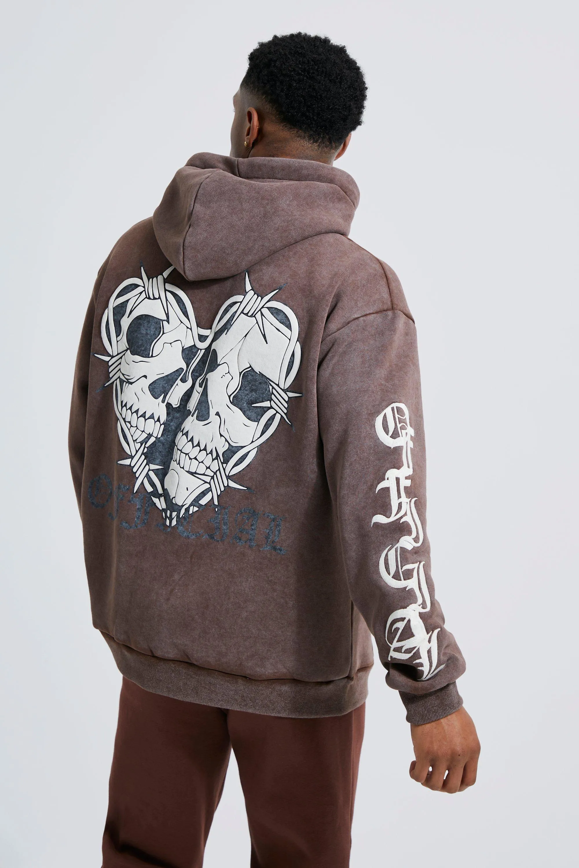 Oversized Washed Skull Puff Print Hoodie