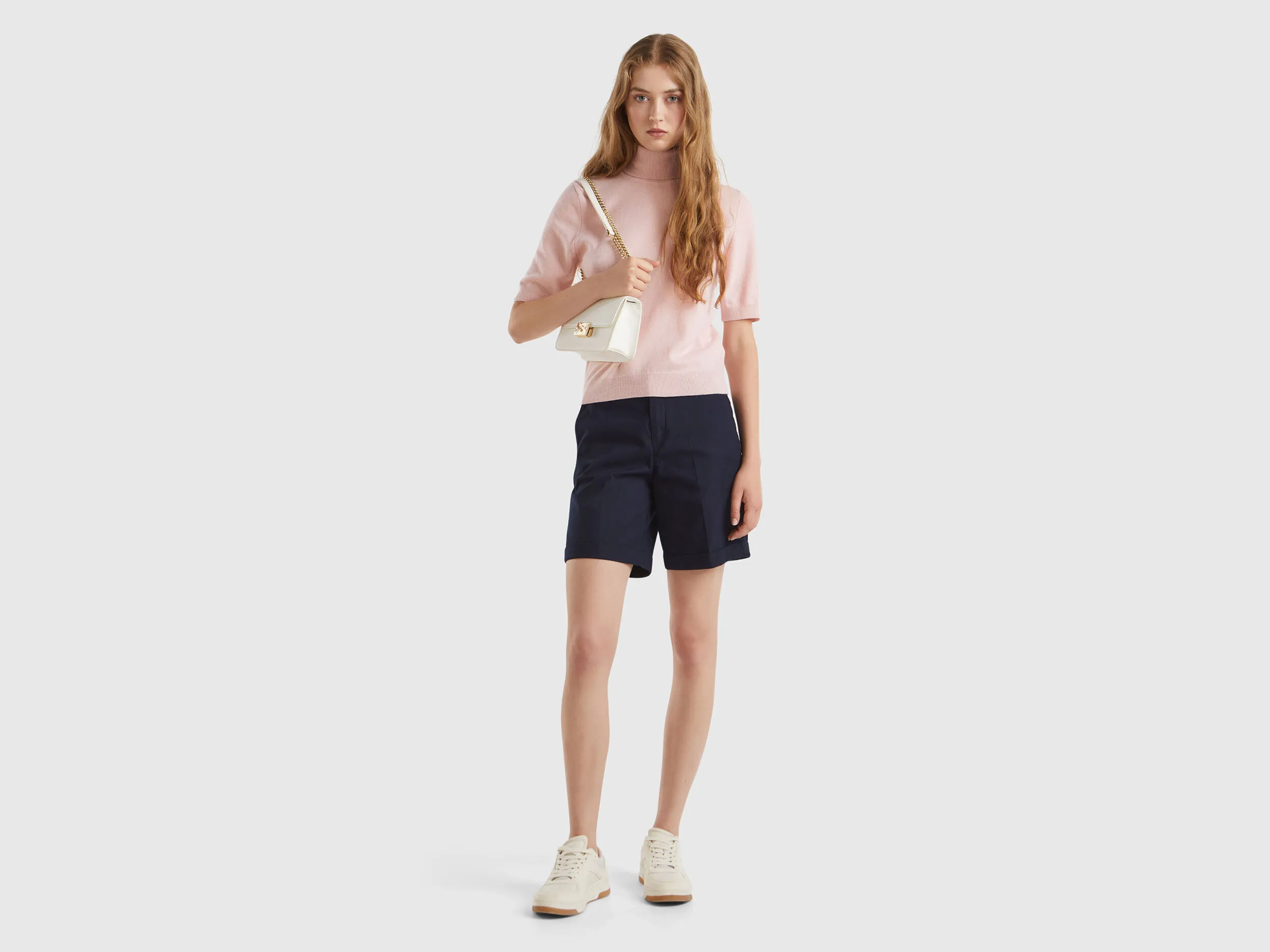 Pastel pink short sleeve turtleneck in cashmere blend - Pastel Pink | Benetton