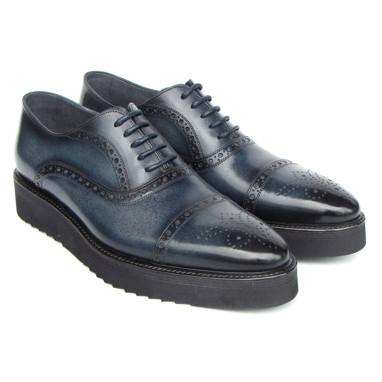 Paul Parkman 285-NVY-LTH Men's Shoes Navy Hand Painted Leather Casual Cap Toe Oxfords (PM6406)