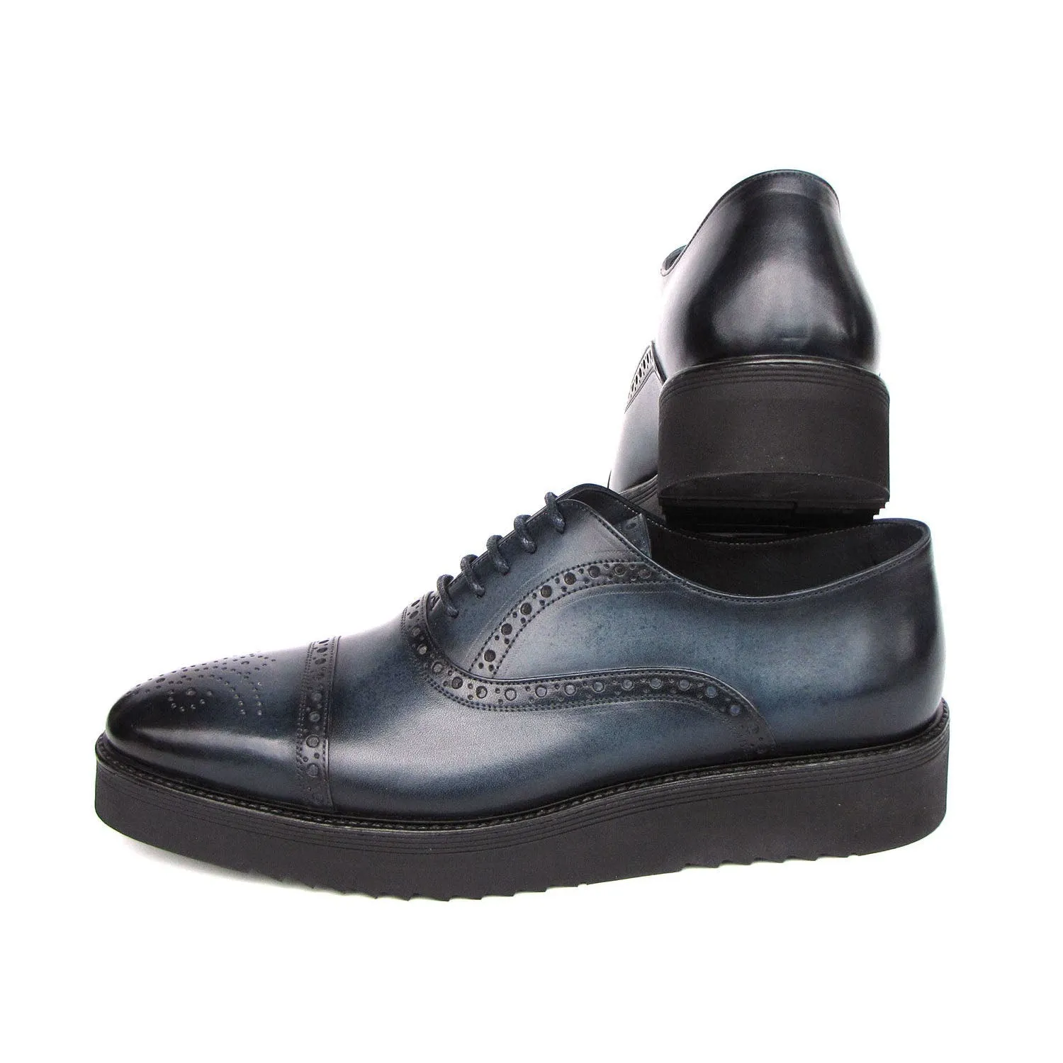 Paul Parkman 285-NVY-LTH Men's Shoes Navy Hand Painted Leather Casual Cap Toe Oxfords (PM6406)