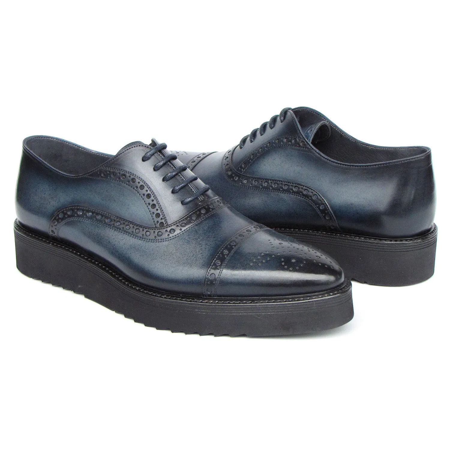 Paul Parkman 285-NVY-LTH Men's Shoes Navy Hand Painted Leather Casual Cap Toe Oxfords (PM6406)