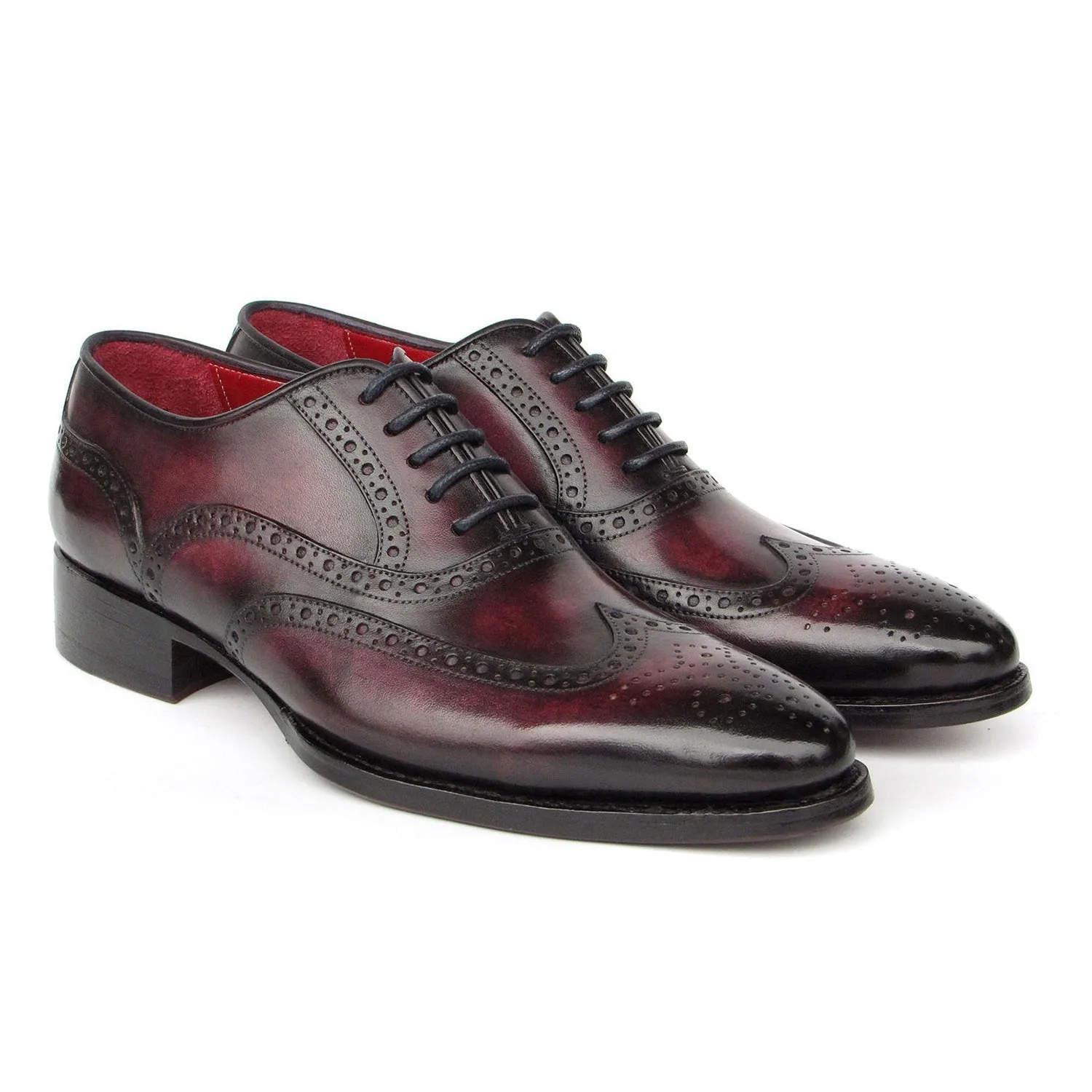 Paul Parkman 66BRD94 Men's Shoes Burgundy Hand Painted Leather Goodyear Welted Wingtip Oxfords (PM6399)