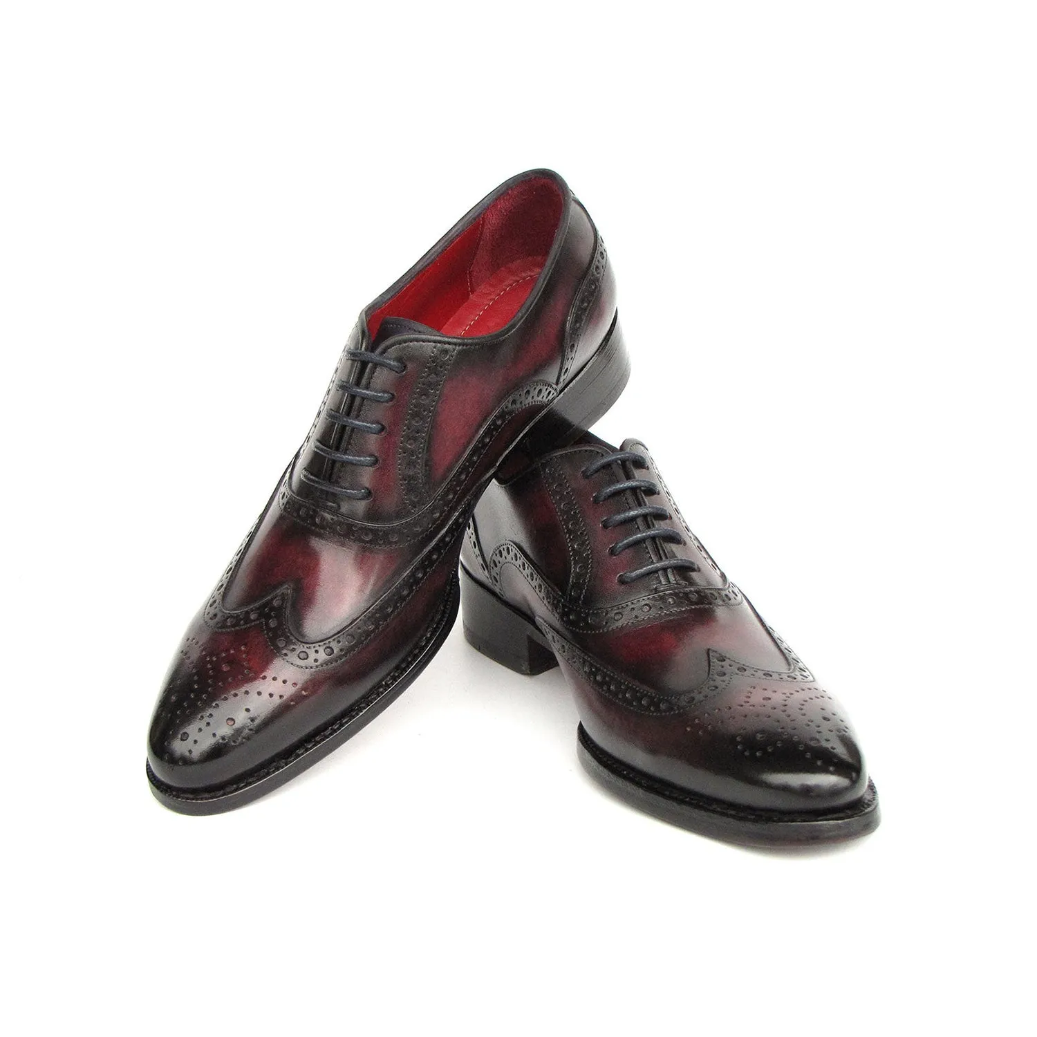 Paul Parkman 66BRD94 Men's Shoes Burgundy Hand Painted Leather Goodyear Welted Wingtip Oxfords (PM6399)