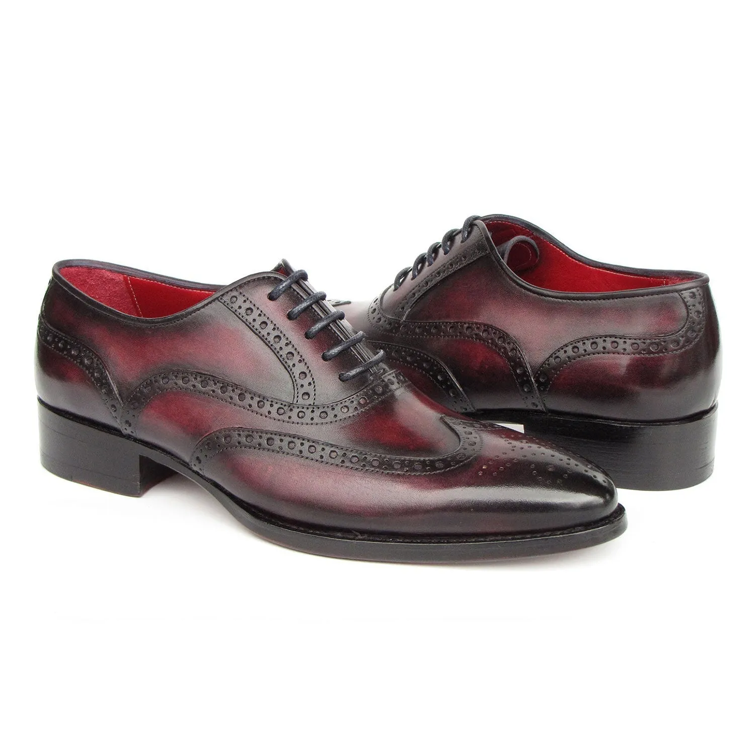 Paul Parkman 66BRD94 Men's Shoes Burgundy Hand Painted Leather Goodyear Welted Wingtip Oxfords (PM6399)