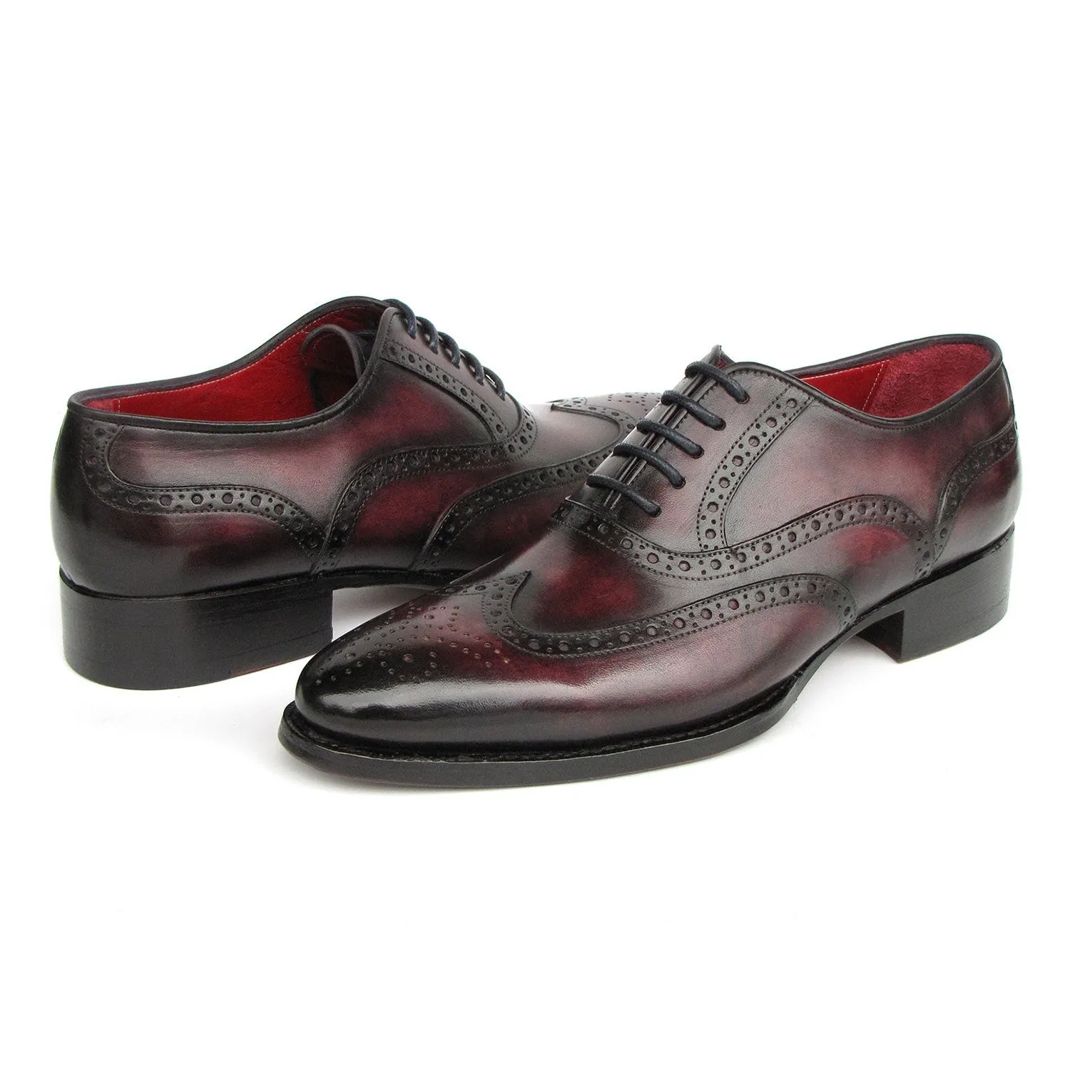 Paul Parkman 66BRD94 Men's Shoes Burgundy Hand Painted Leather Goodyear Welted Wingtip Oxfords (PM6399)