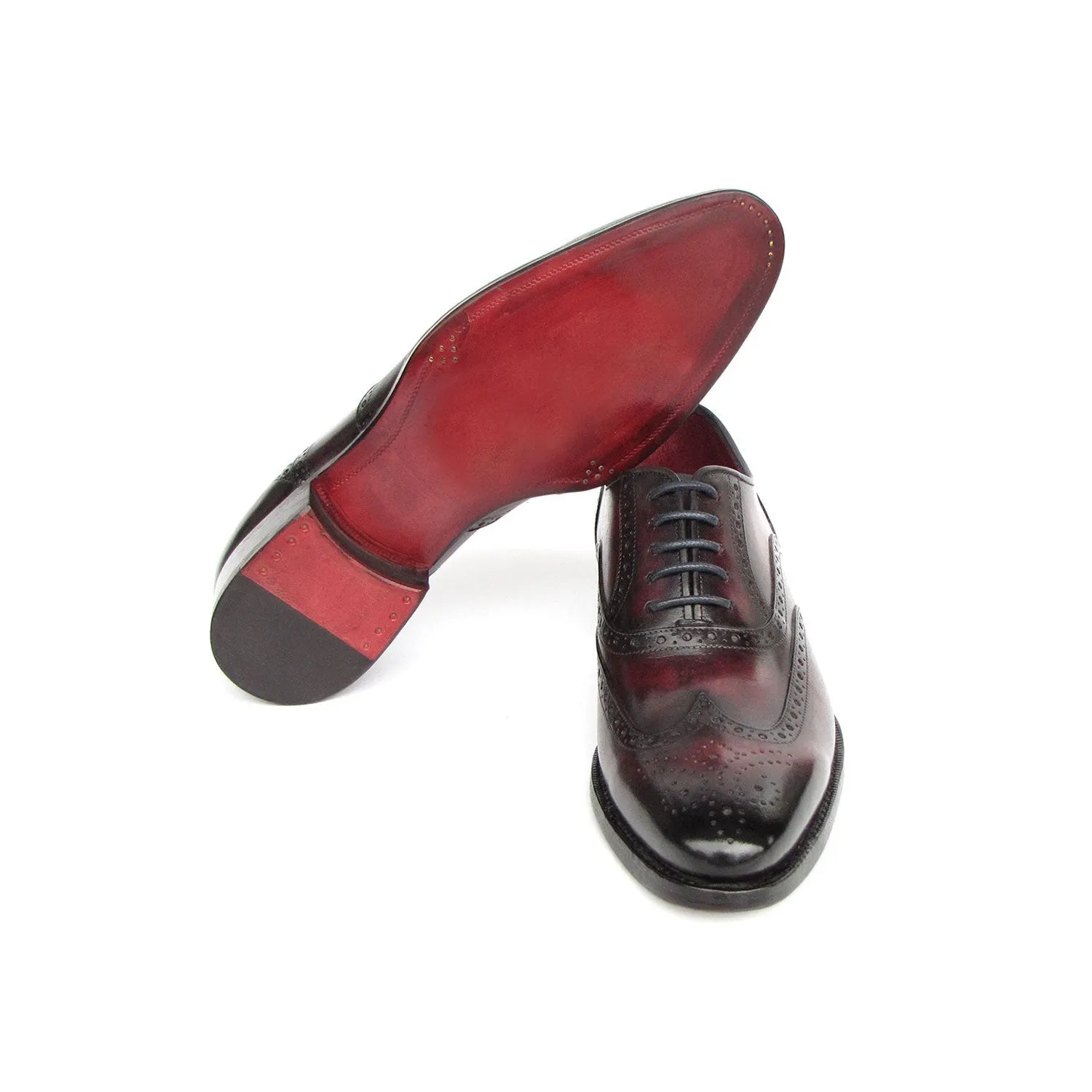 Paul Parkman 66BRD94 Men's Shoes Burgundy Hand Painted Leather Goodyear Welted Wingtip Oxfords (PM6399)