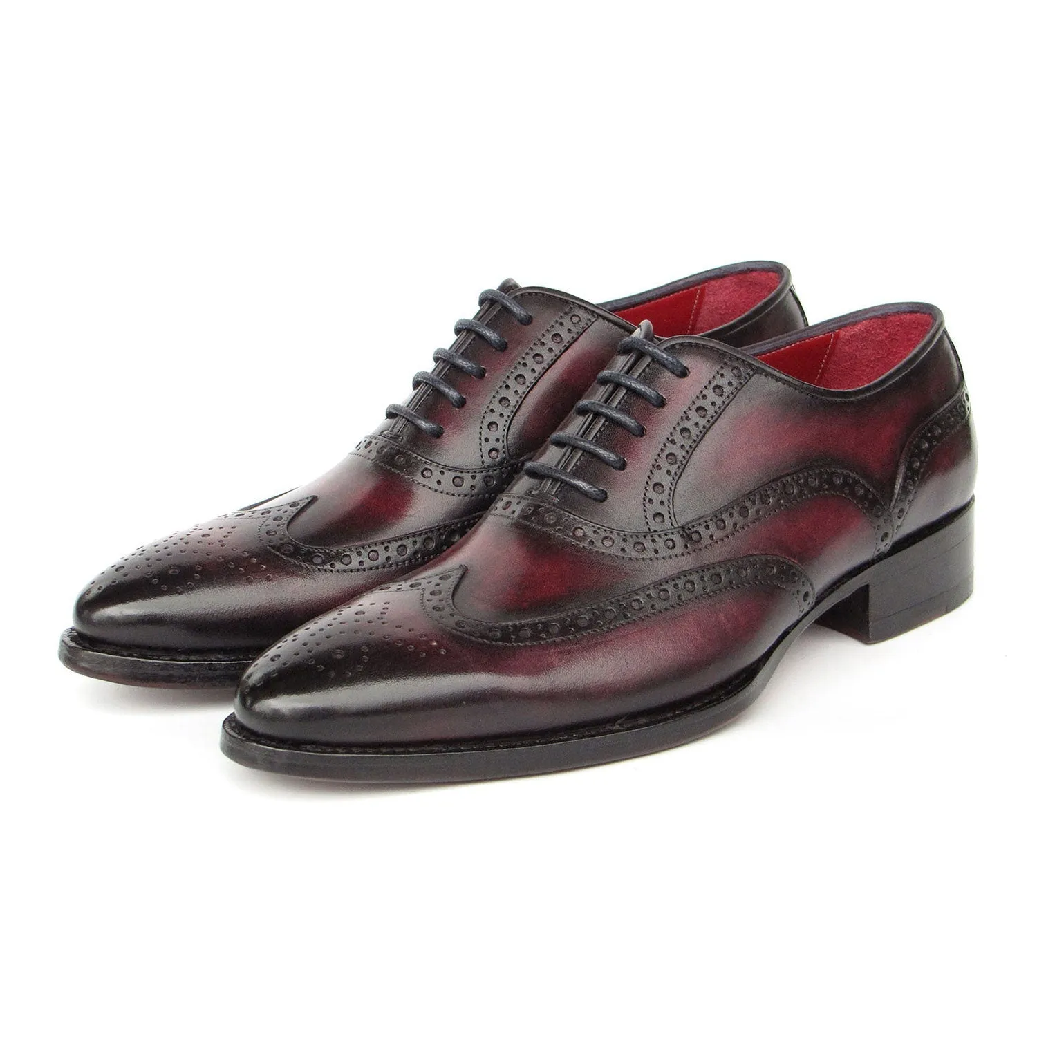 Paul Parkman 66BRD94 Men's Shoes Burgundy Hand Painted Leather Goodyear Welted Wingtip Oxfords (PM6399)