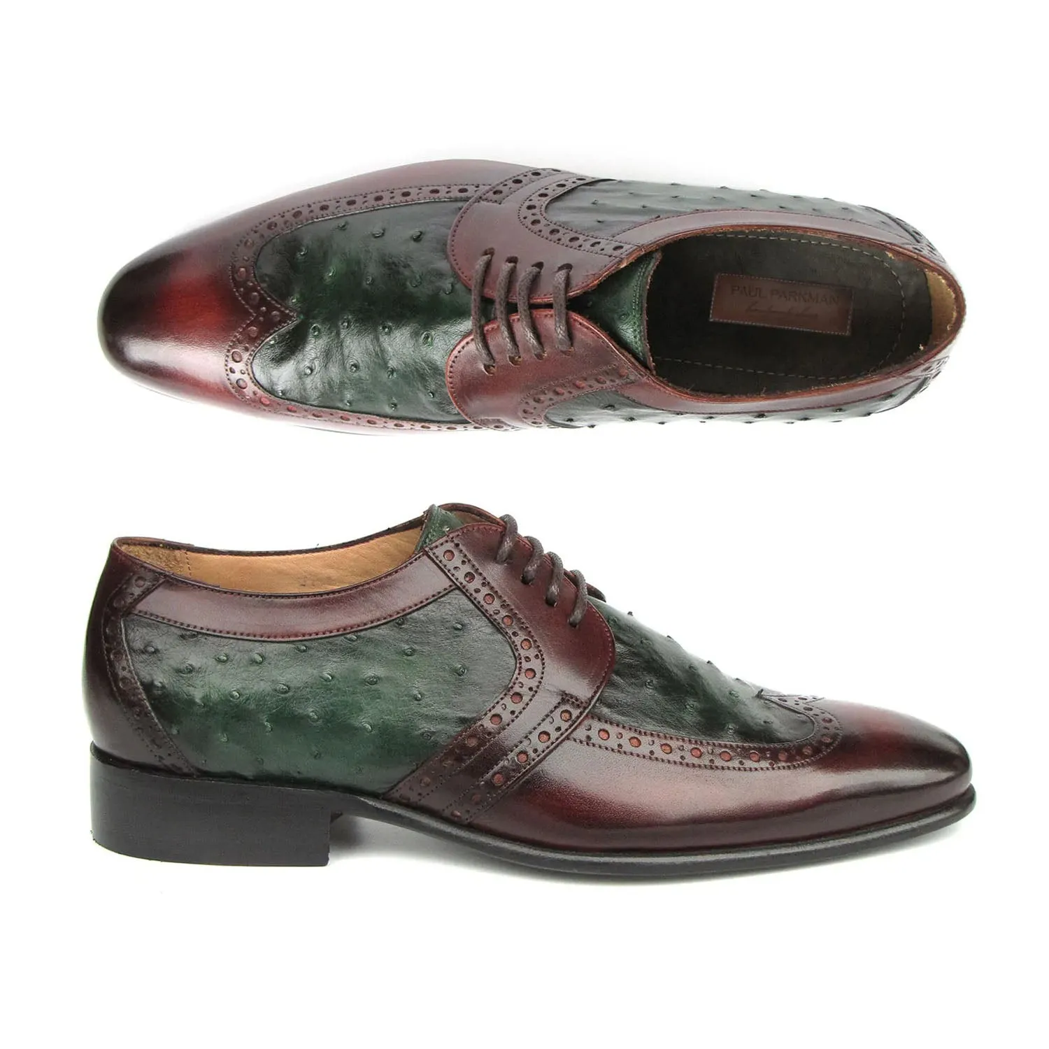 Paul Parkman 956GB57 Men's Shoes Green & Brown Ostrich / Calf-Skin Leather Derby Oxfords (PM6401)