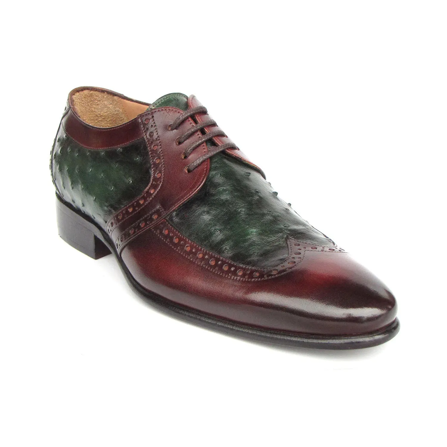 Paul Parkman 956GB57 Men's Shoes Green & Brown Ostrich / Calf-Skin Leather Derby Oxfords (PM6401)