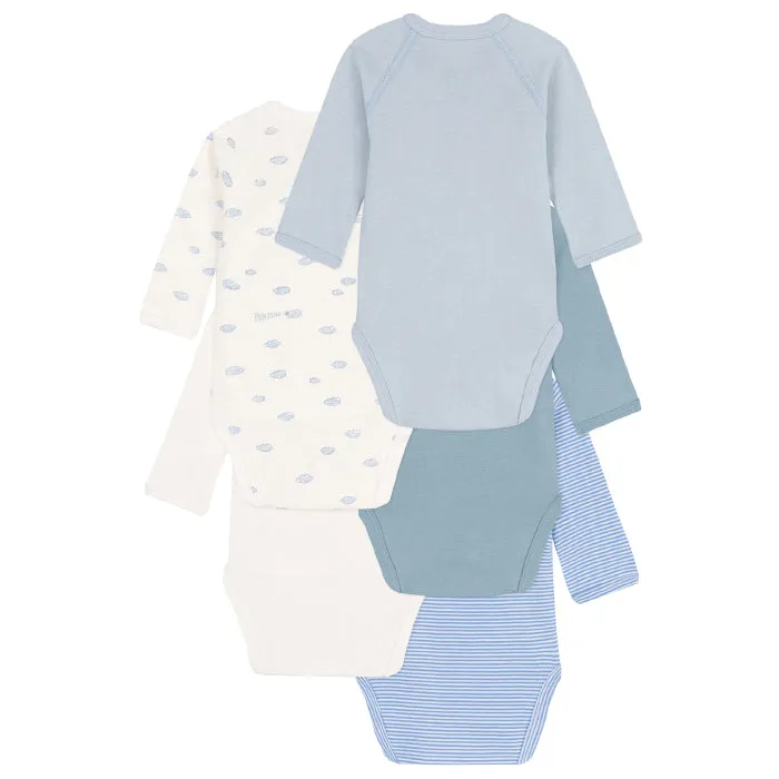 Petit Bateau Baby Set Of Five Long Sleeved Bodysuits Blue With Cloud Print