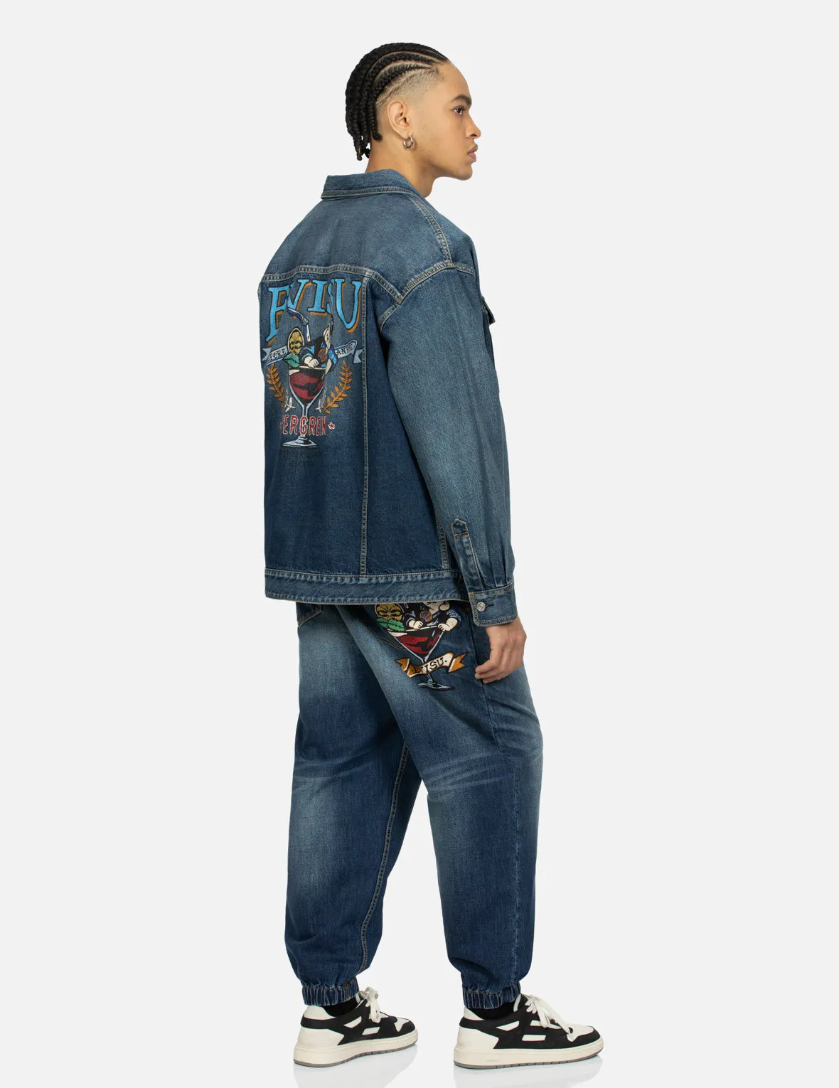 Playful Godhead Print Loose Fit Denim Shirt Jacket