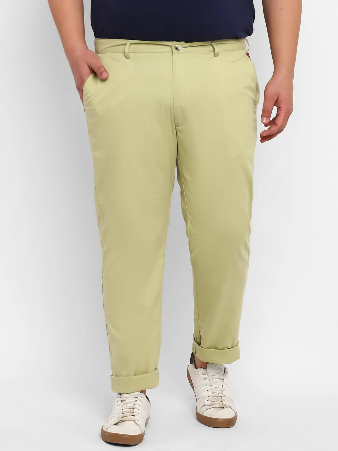 Plus Men's Green Cotton Light Weight Non-Stretch Regular Fit Casual Trousers