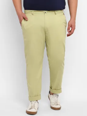 Plus Men's Green Cotton Light Weight Non-Stretch Regular Fit Casual Trousers