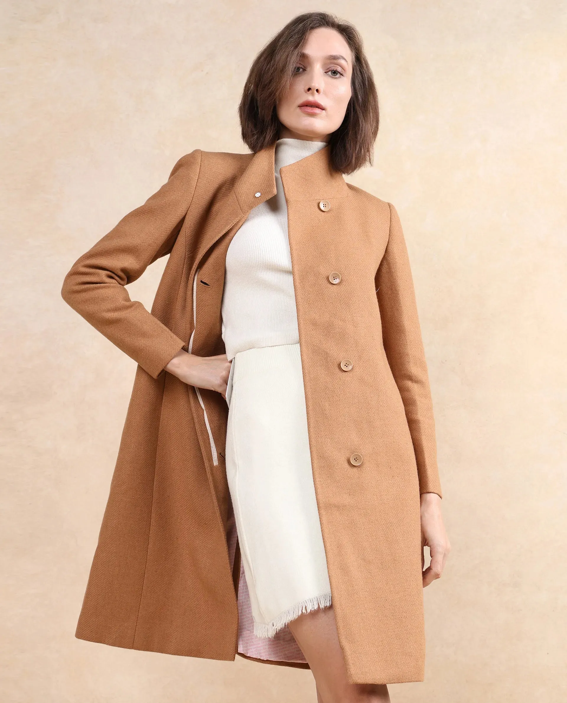 Rareism Women Monch Beige Overlap Neck Midi Length Plain Jacket