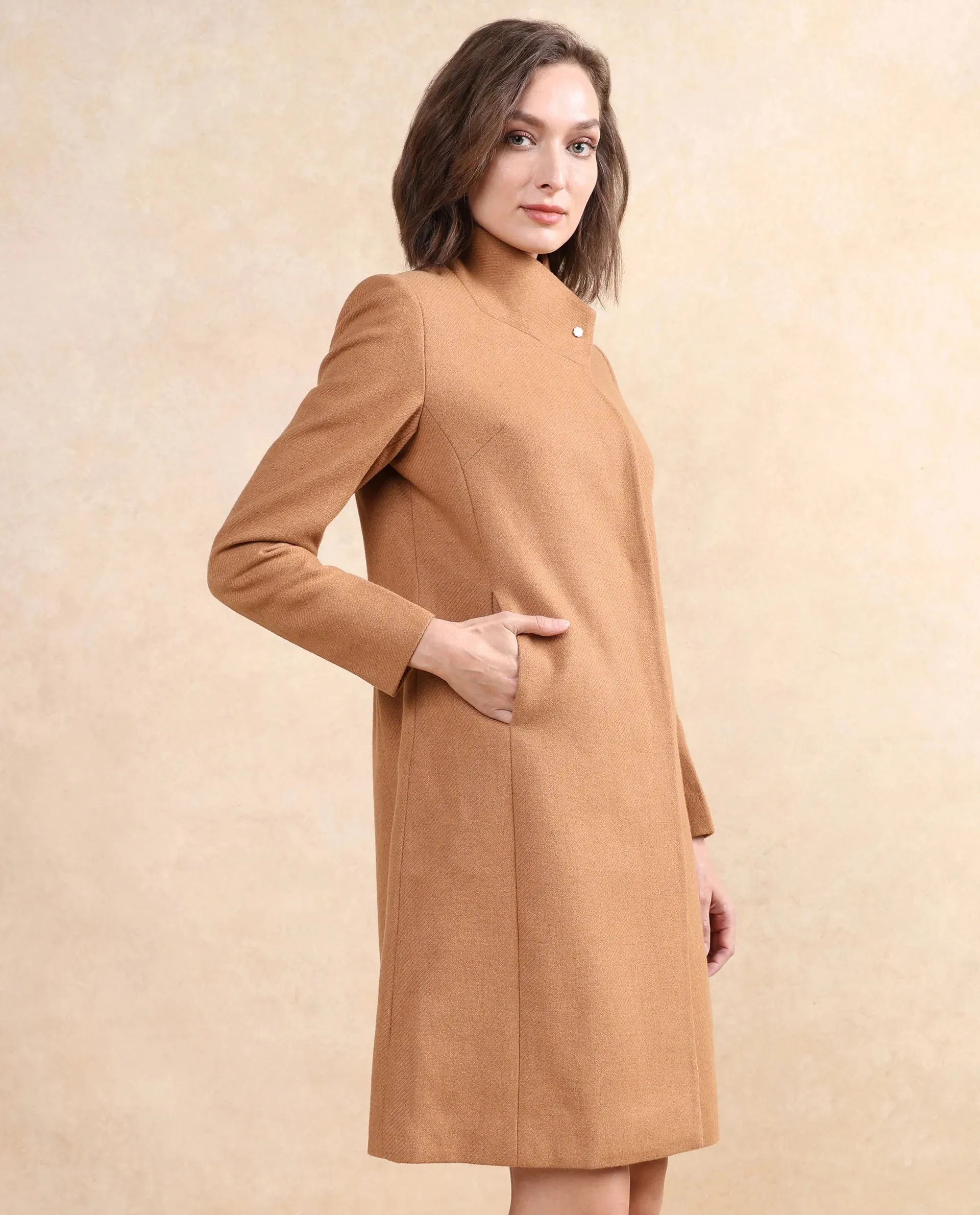 Rareism Women Monch Beige Overlap Neck Midi Length Plain Jacket