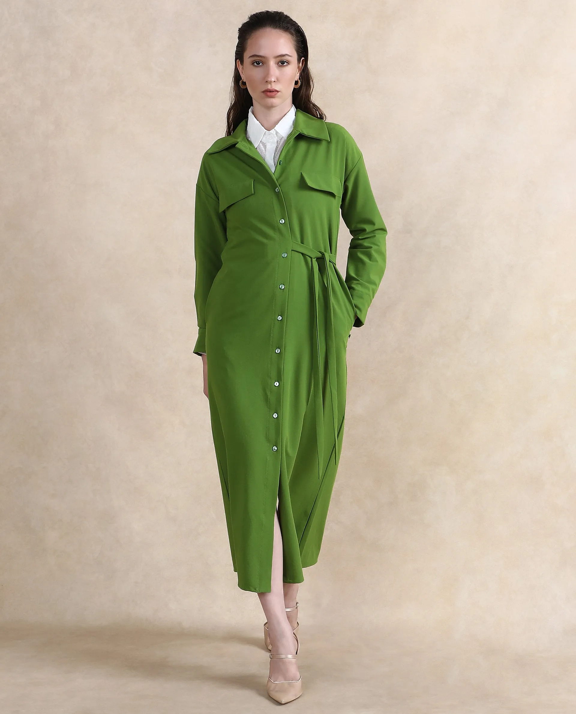 Rareism Women Towoo Green Cuffed Sleeve Collared Neck Button Closure Maxi Plain Jacket