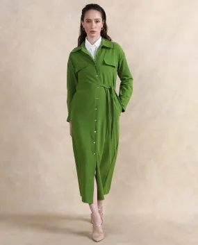 Rareism Women Towoo Green Cuffed Sleeve Collared Neck Button Closure Maxi Plain Jacket