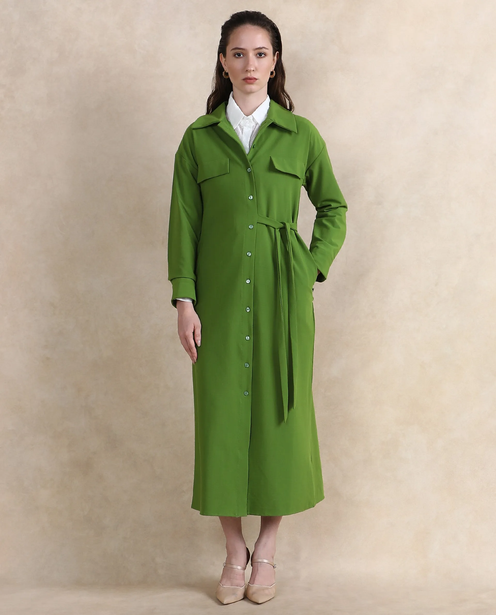 Rareism Women Towoo Green Cuffed Sleeve Collared Neck Button Closure Maxi Plain Jacket