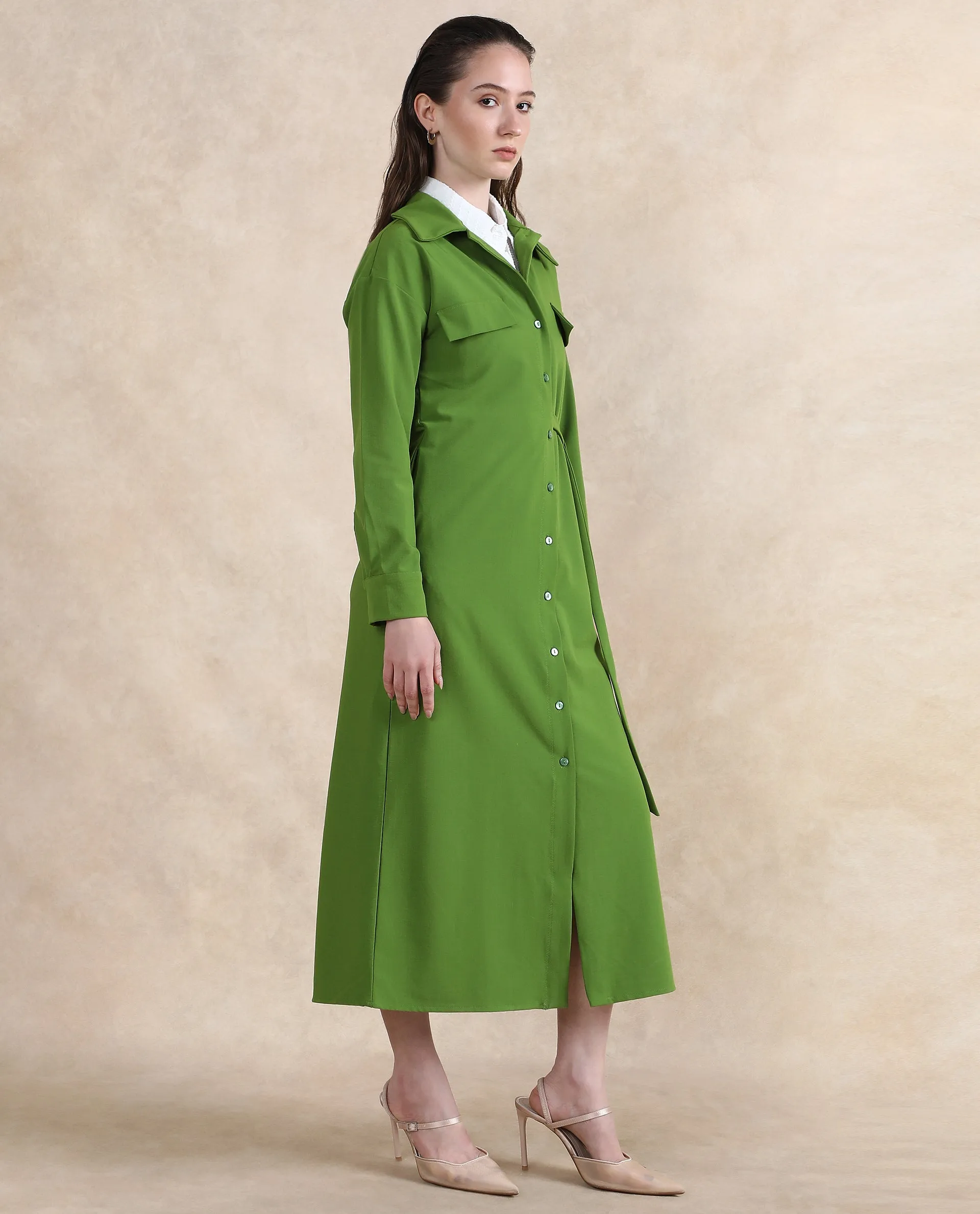 Rareism Women Towoo Green Cuffed Sleeve Collared Neck Button Closure Maxi Plain Jacket