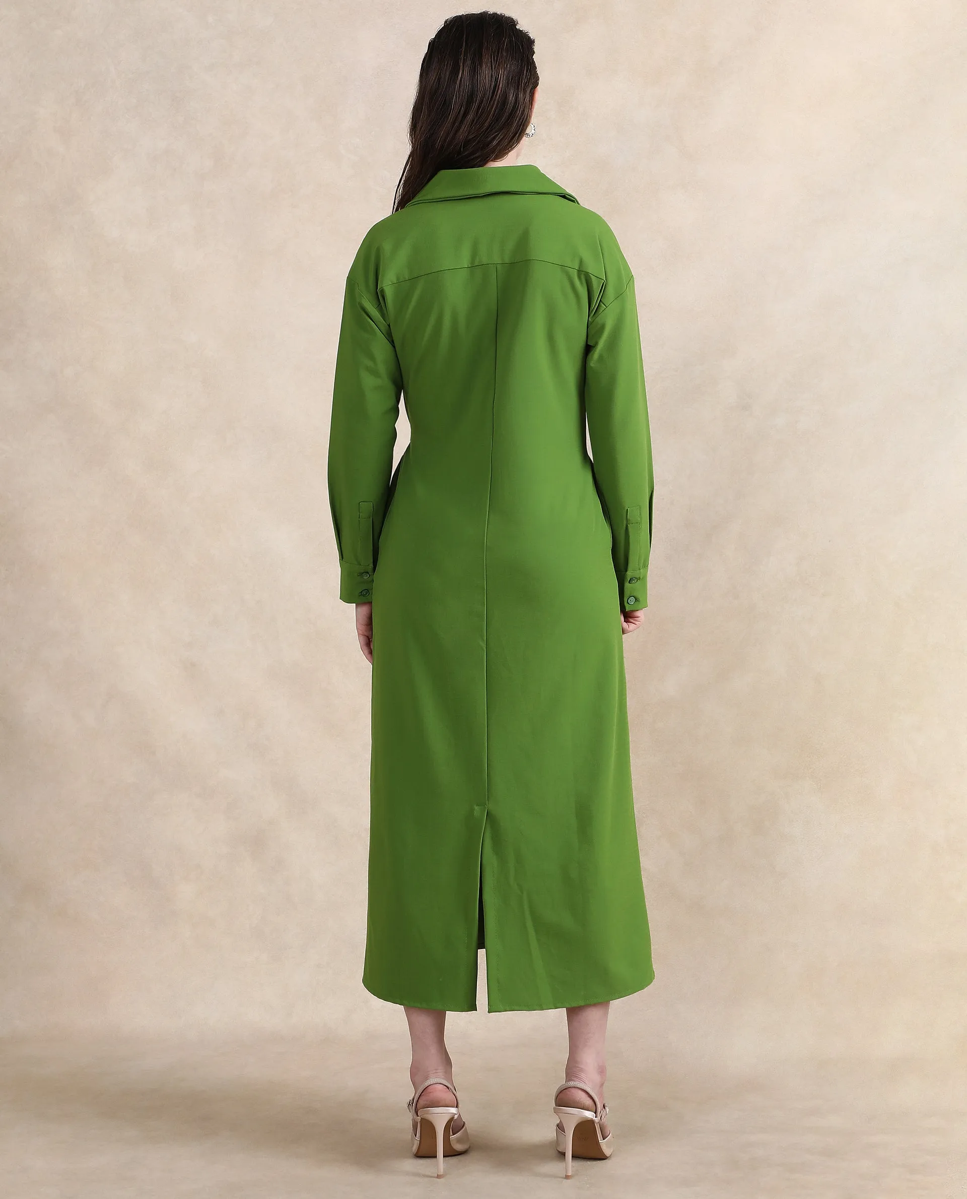 Rareism Women Towoo Green Cuffed Sleeve Collared Neck Button Closure Maxi Plain Jacket