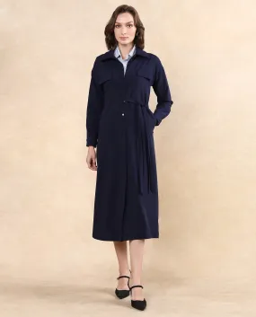 Rareism Women Towoo Navy Cuffed Sleeve Collared Neck Button Closure Maxi Plain Jacket