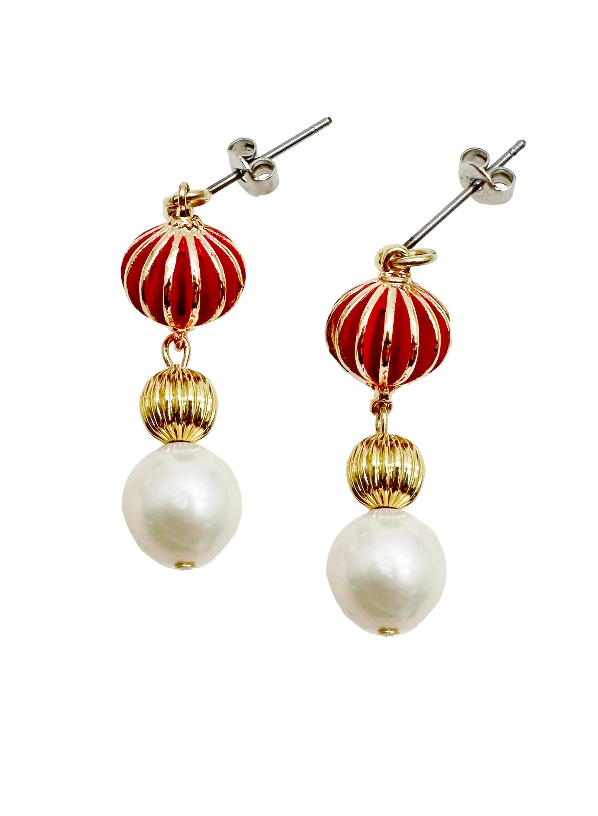 Red Bamboo Coral Freshwater Pearls Dangle Earrings KE031