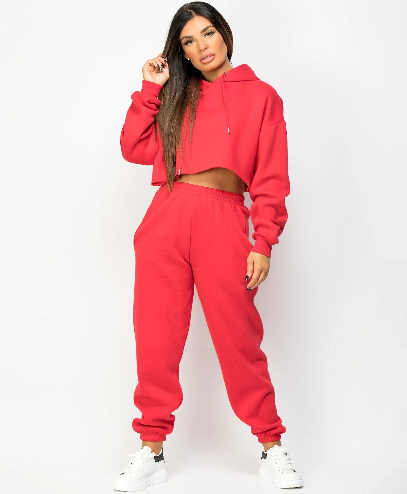 Red Oversized Cropped Hoodie & Joggers Loungewear Set