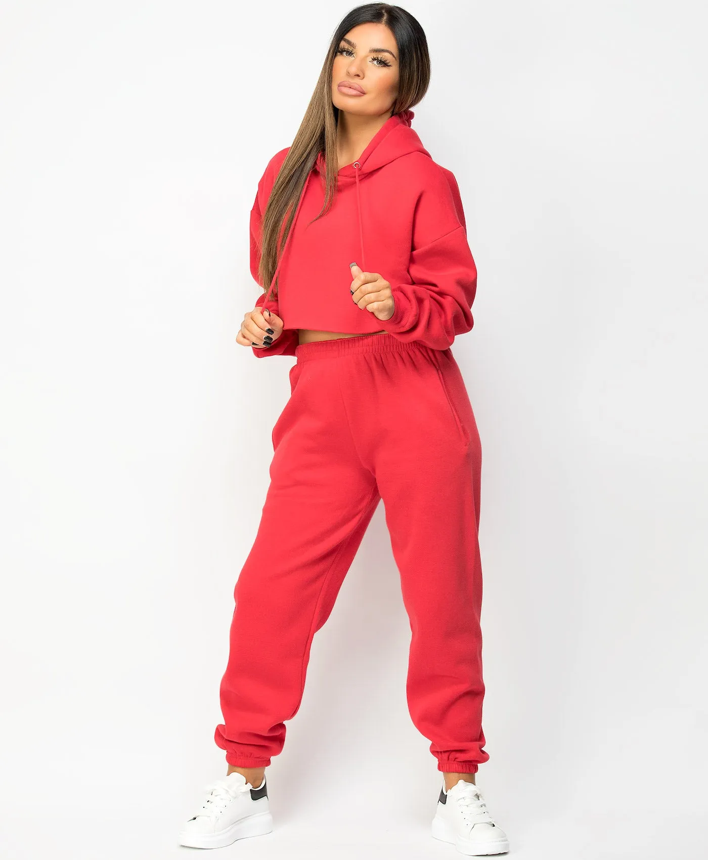 Red Oversized Cropped Hoodie & Joggers Loungewear Set