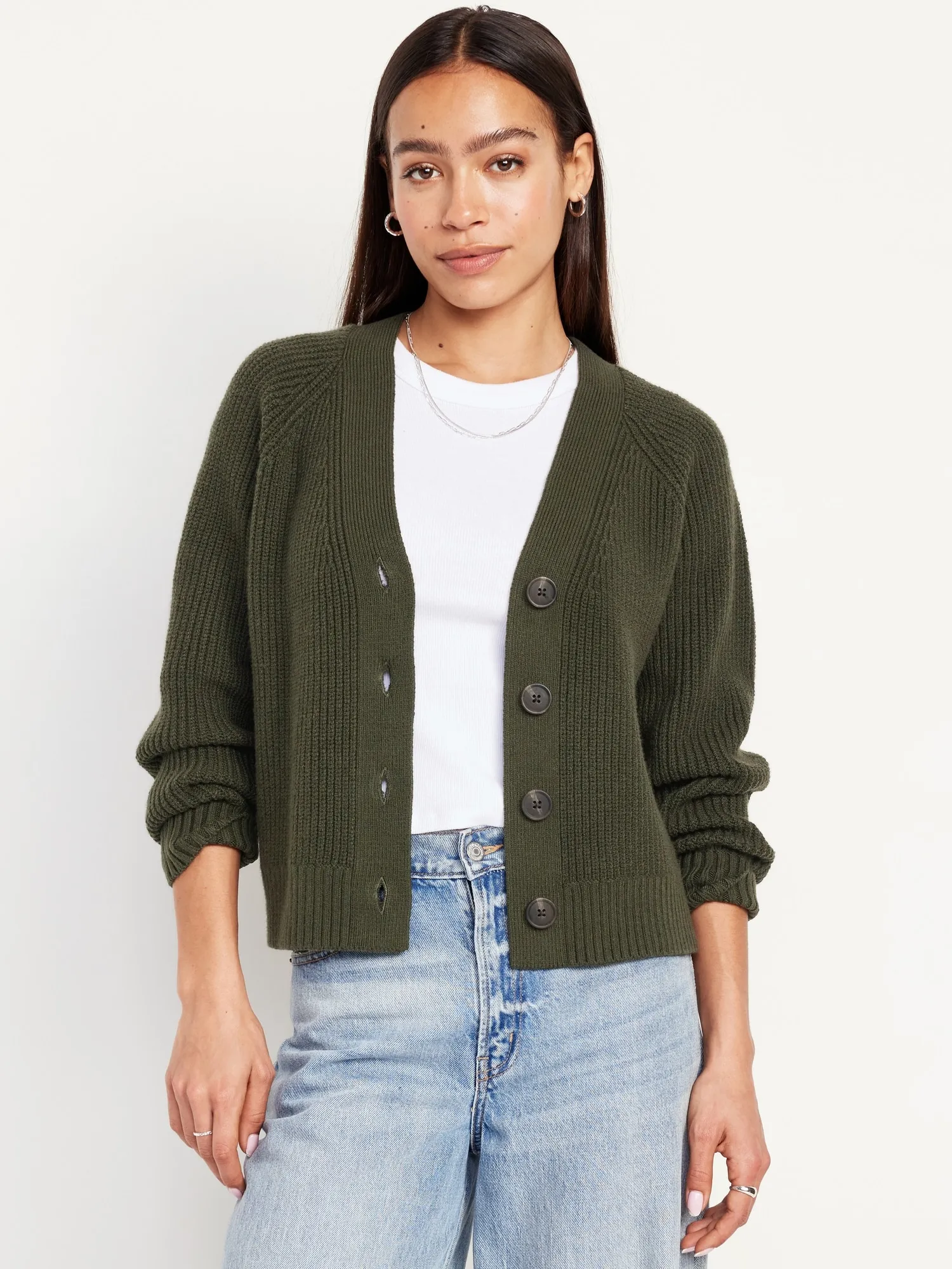 Shaker-Stitch Cardigan Sweater