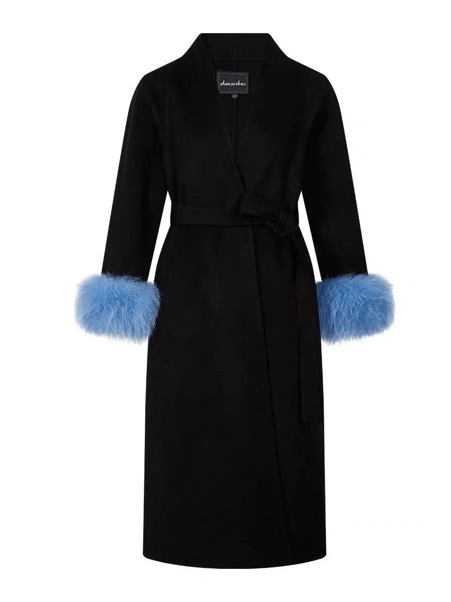 Shanxi said black 100% high count all-wool double-sided denim coat with removable blue fox fur mid-length coat (1311)