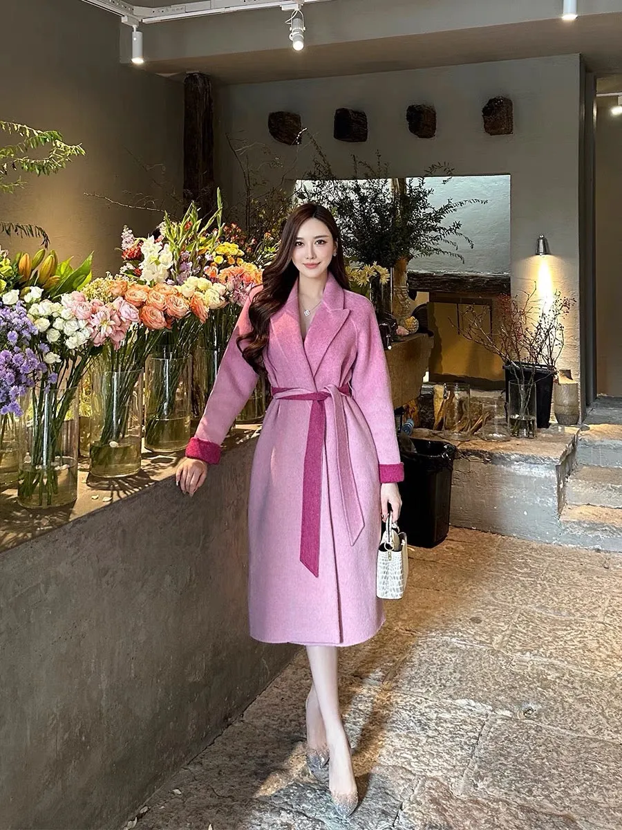 Shanxi said gradient rose red wool double-sided woolen coat women's mid-length long-sleeved lapel lace-up coat for women (B8894)