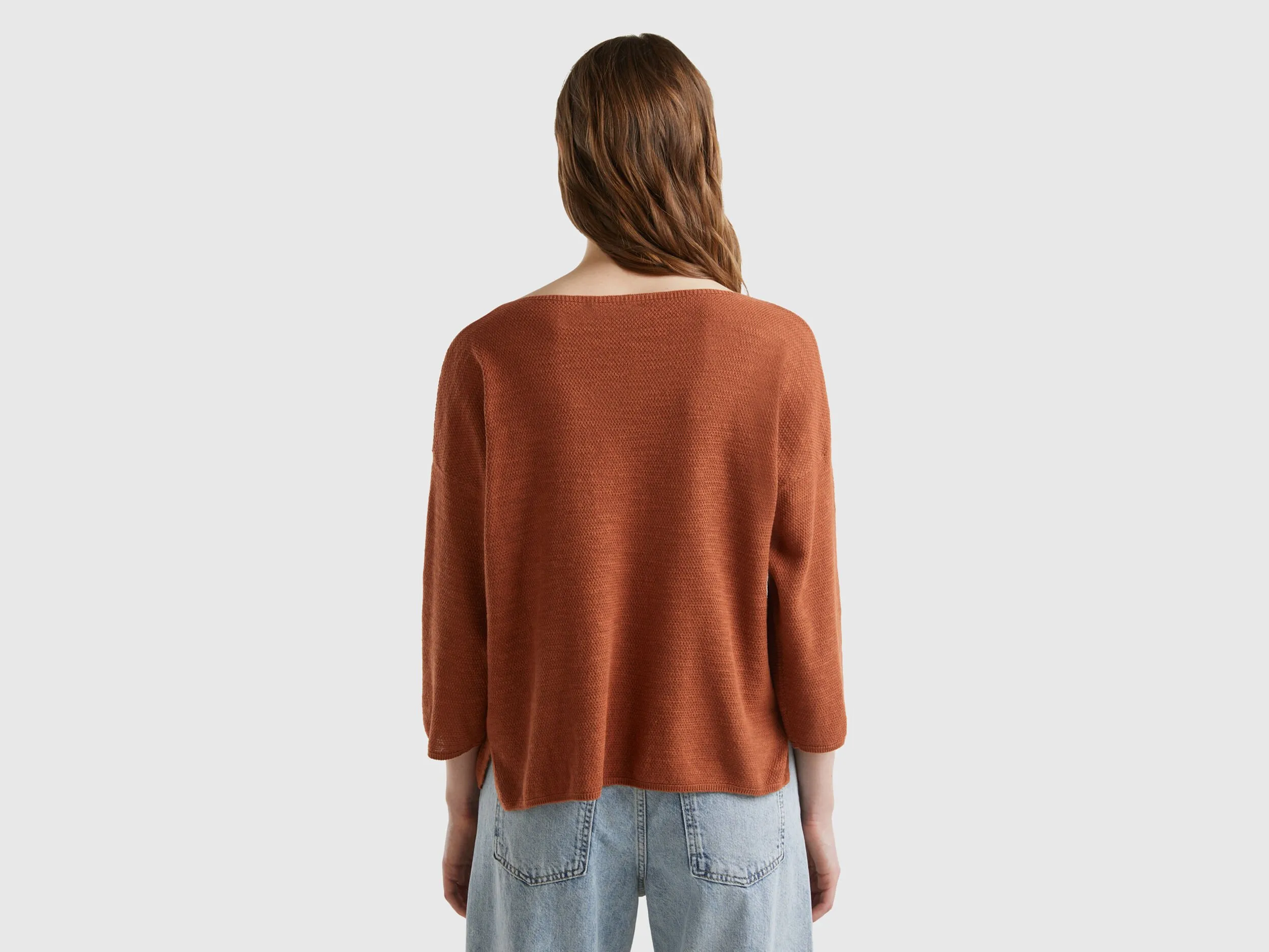 Sweater in linen blend with 3/4 sleeves - Brown | Benetton