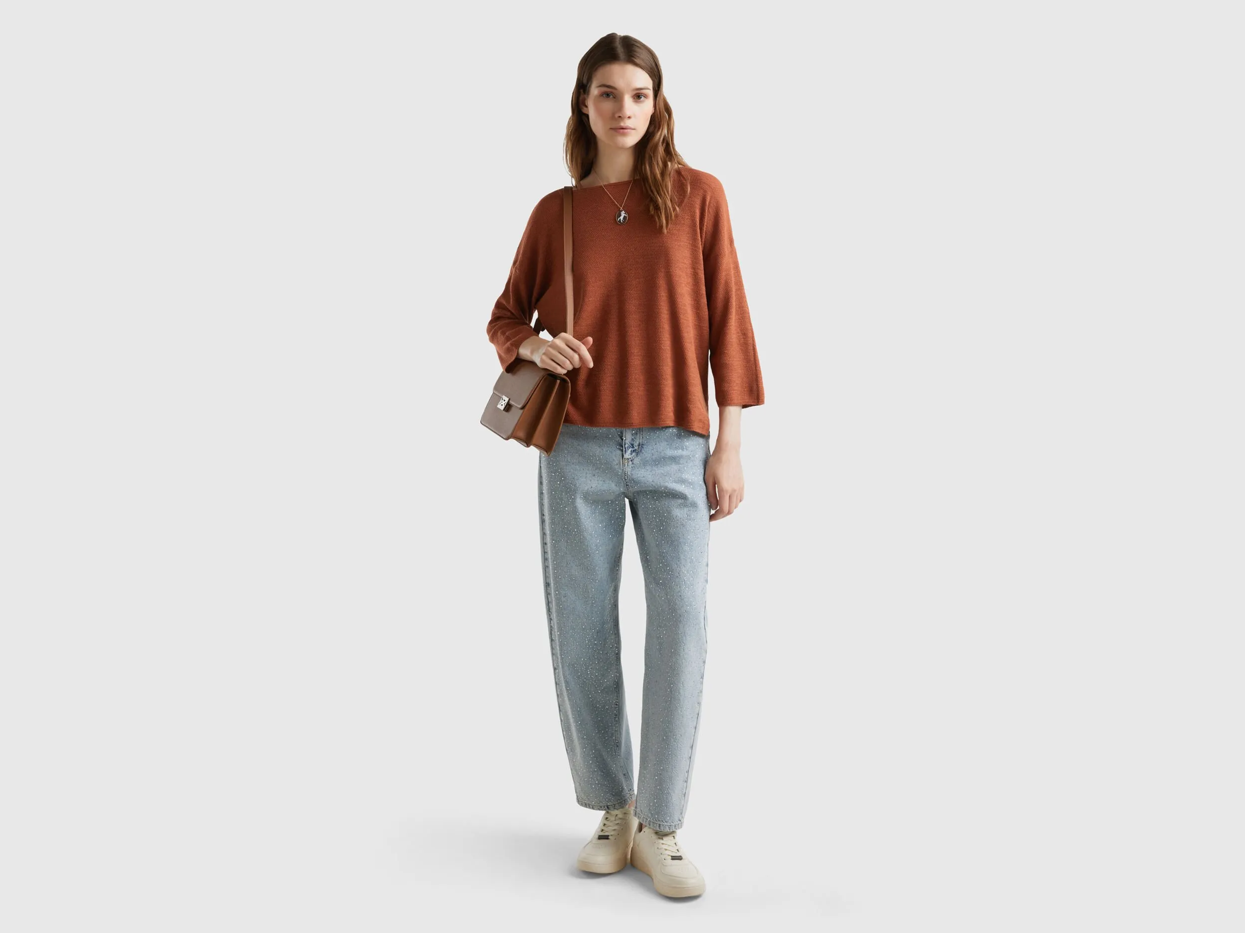 Sweater in linen blend with 3/4 sleeves - Brown | Benetton