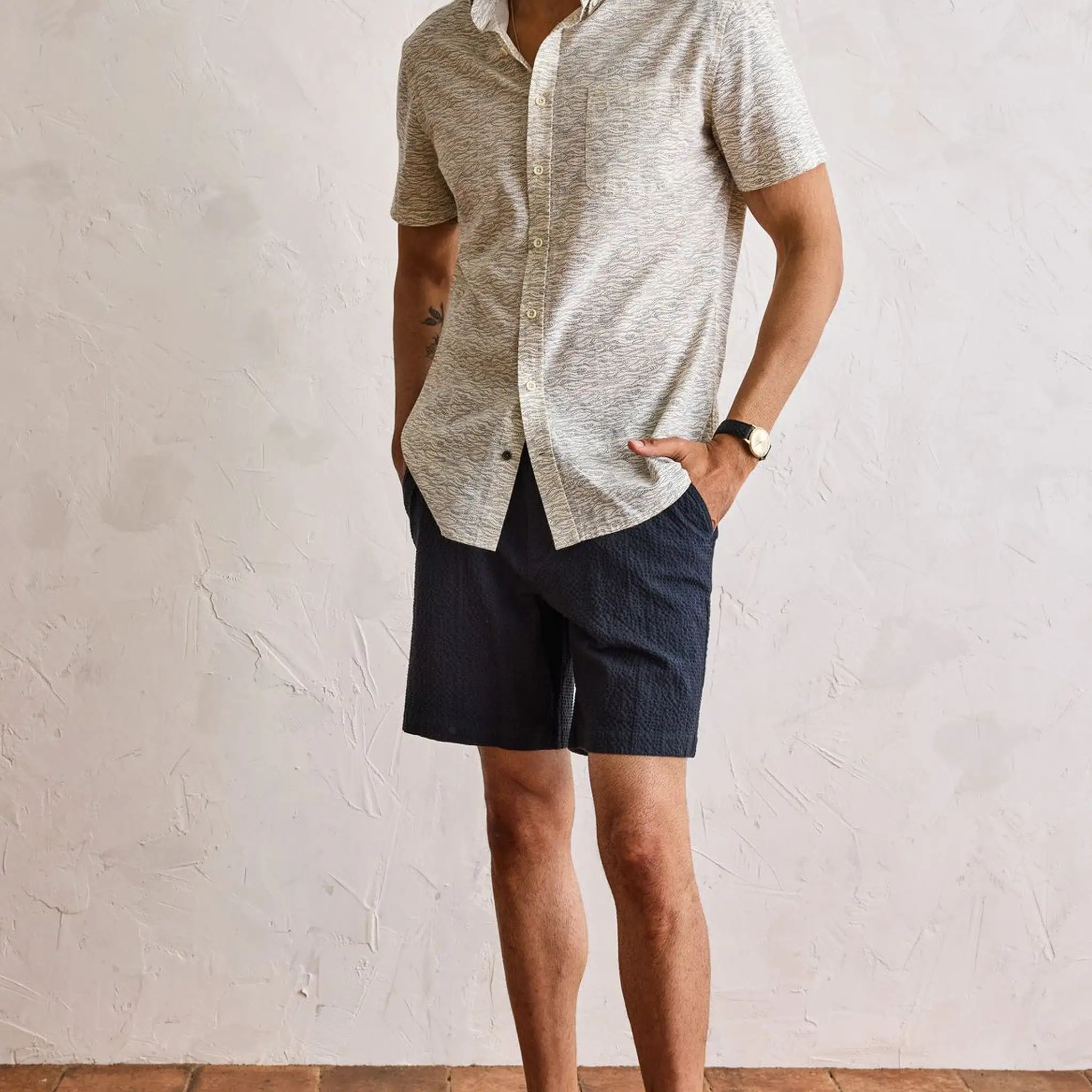 The Easy Short in Heather Navy Seersucker