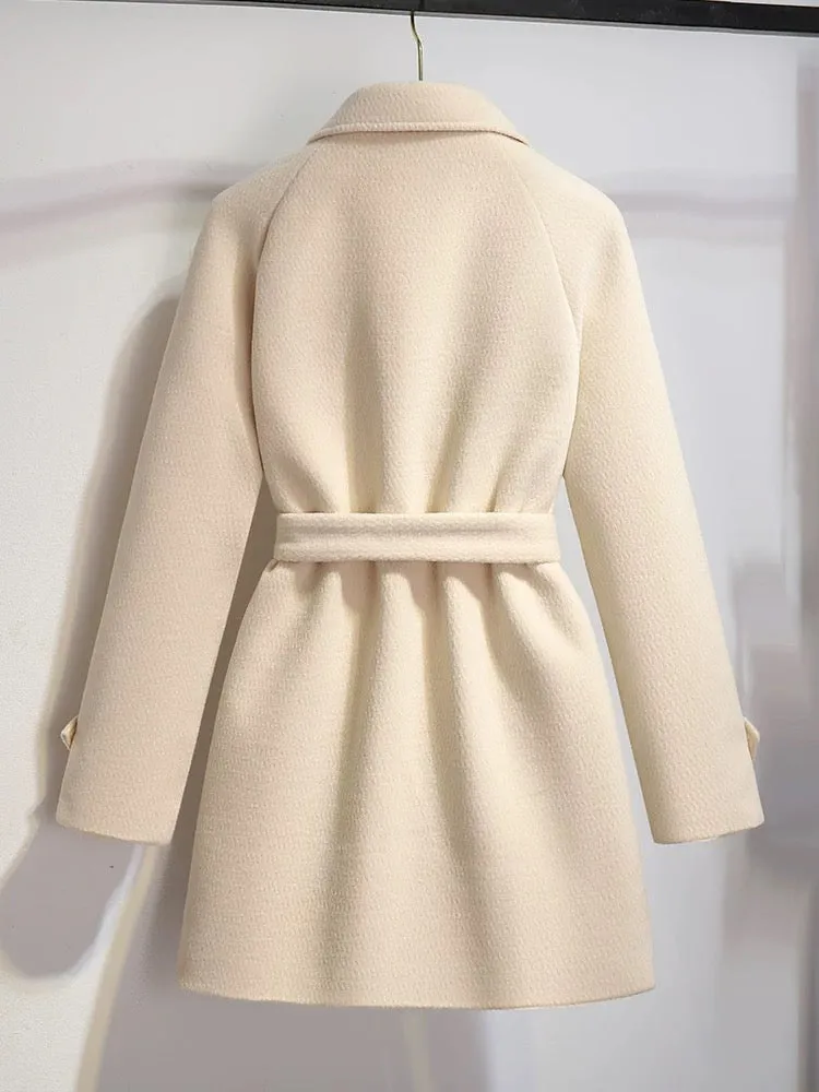 This year's popular woolen coat for women 2023 new autumn and winter high-end beige waist mid-length woolen coat