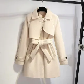 This year's popular woolen coat for women 2023 new autumn and winter high-end beige waist mid-length woolen coat