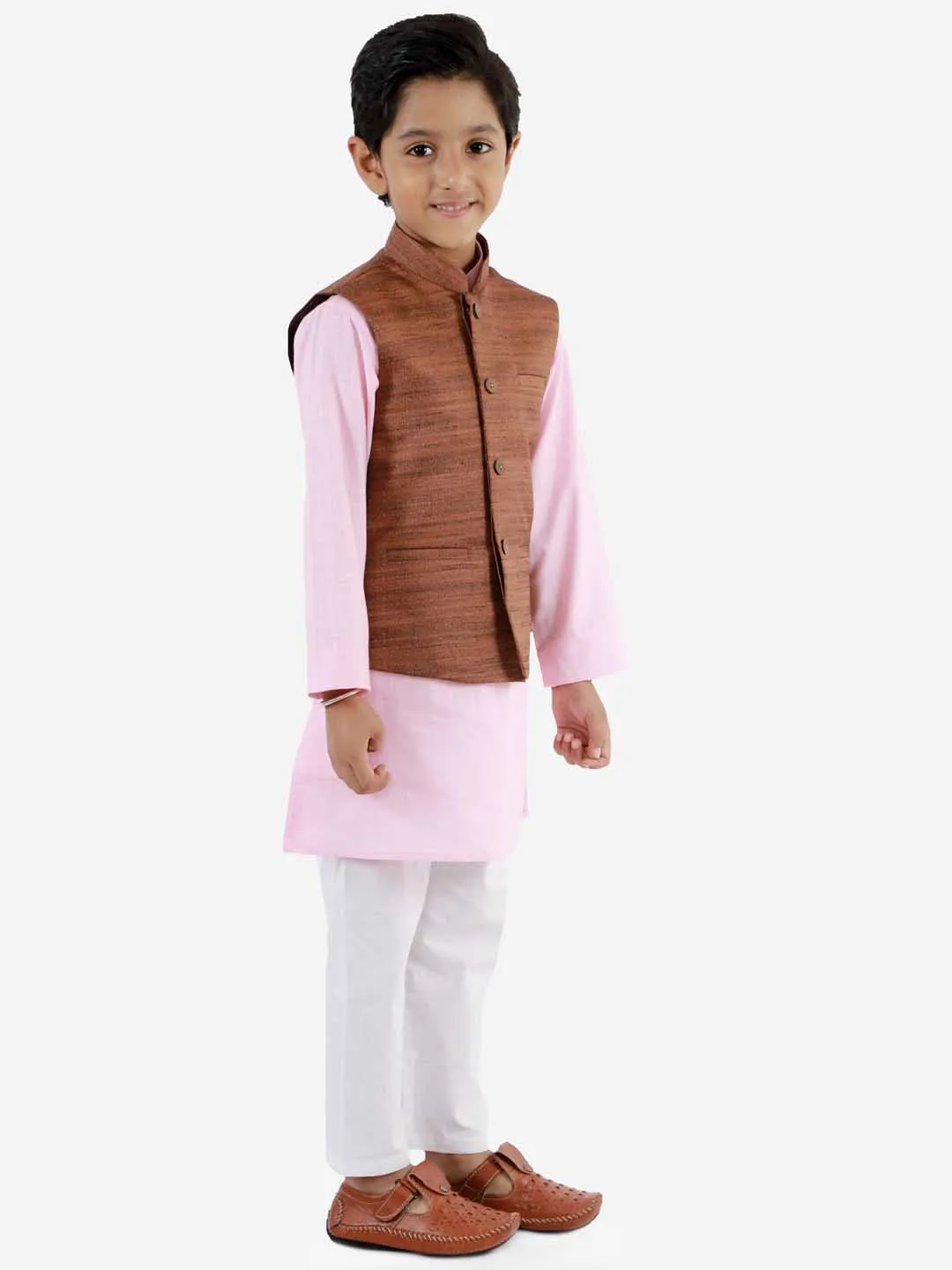 VASTRAMAY Boys Coffee Brown Matka Silk Blend Nehru Jacket