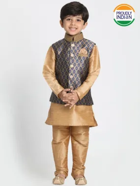 VASTRAMAY Boys' Gold Cotton Silk Blend Kurta, Waistcoat and Pyjama Set