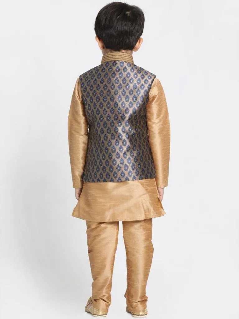 VASTRAMAY Boys' Gold Cotton Silk Blend Kurta, Waistcoat and Pyjama Set