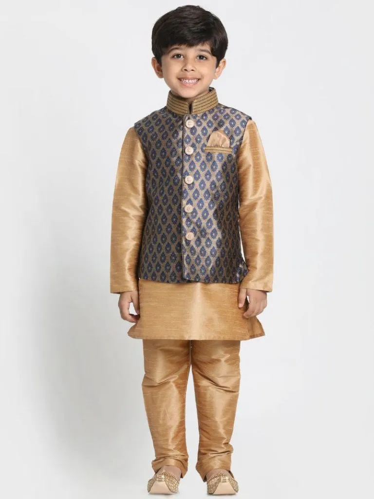 VASTRAMAY Boys' Gold Cotton Silk Blend Kurta, Waistcoat and Pyjama Set