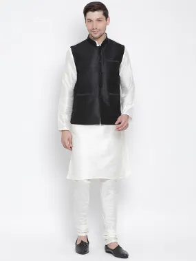 VASTRAMAY Men's White Cotton Silk Blend Kurta, Ethnic Jacket and Pyjama Set