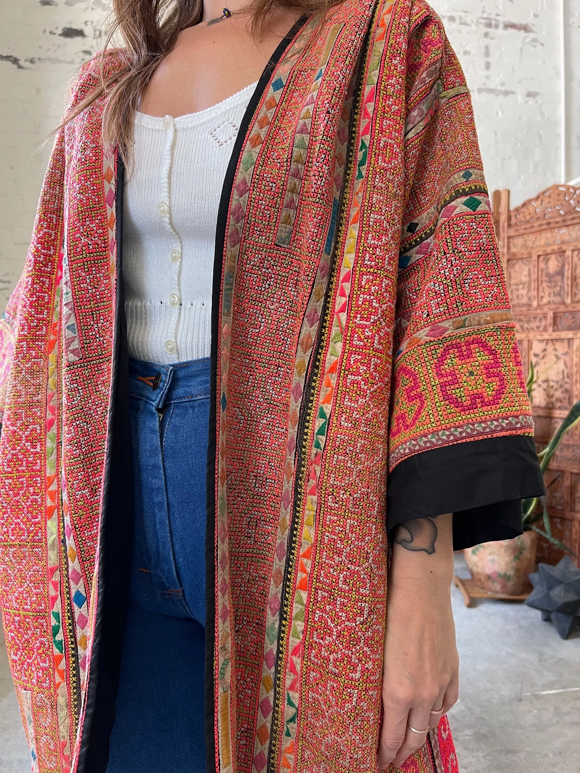 Vintage Thai Hand-Embroidered Cotton Jacket, Fits Many Sizes-