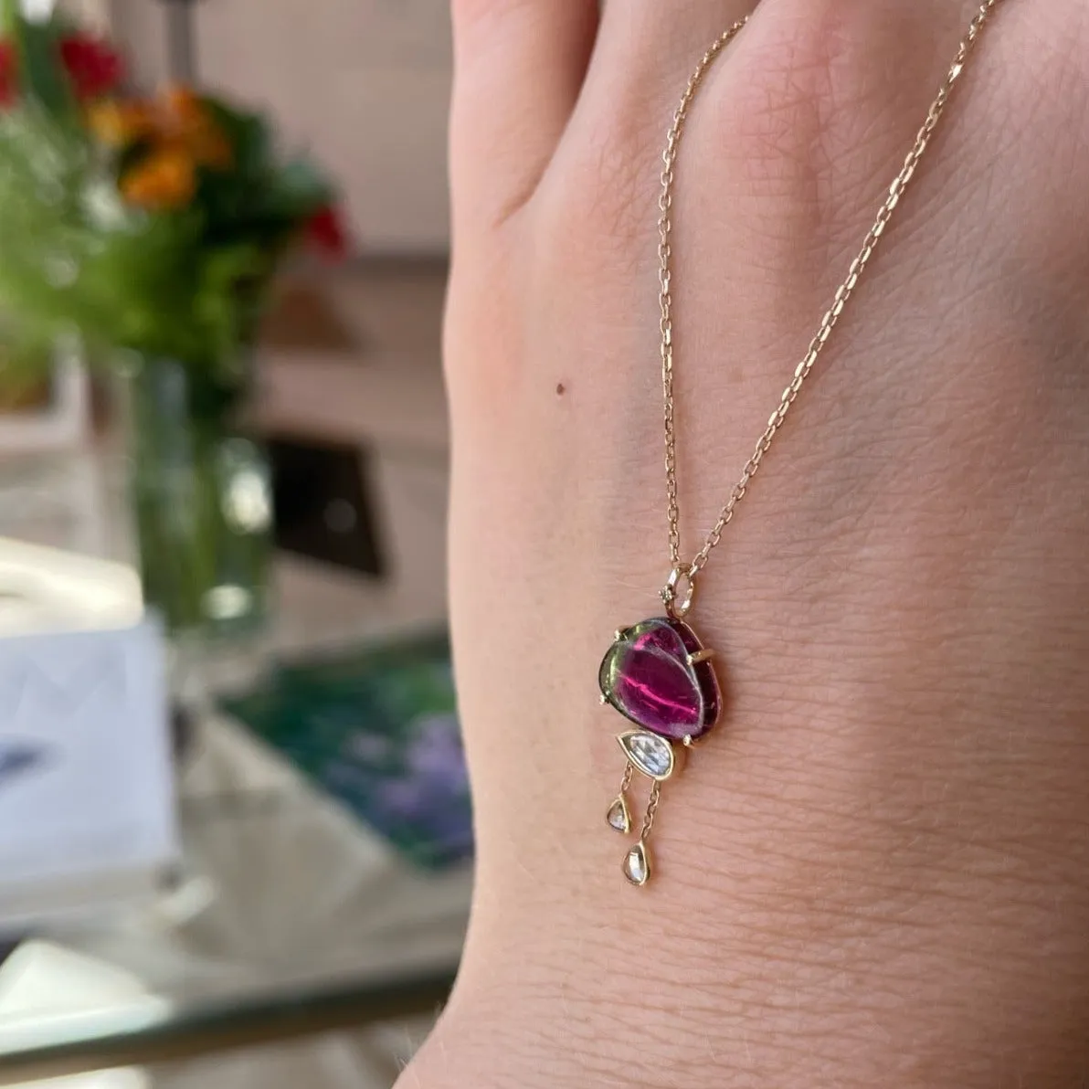 Watermelon Tourmaline and Dangling Diamond Cloud Necklace