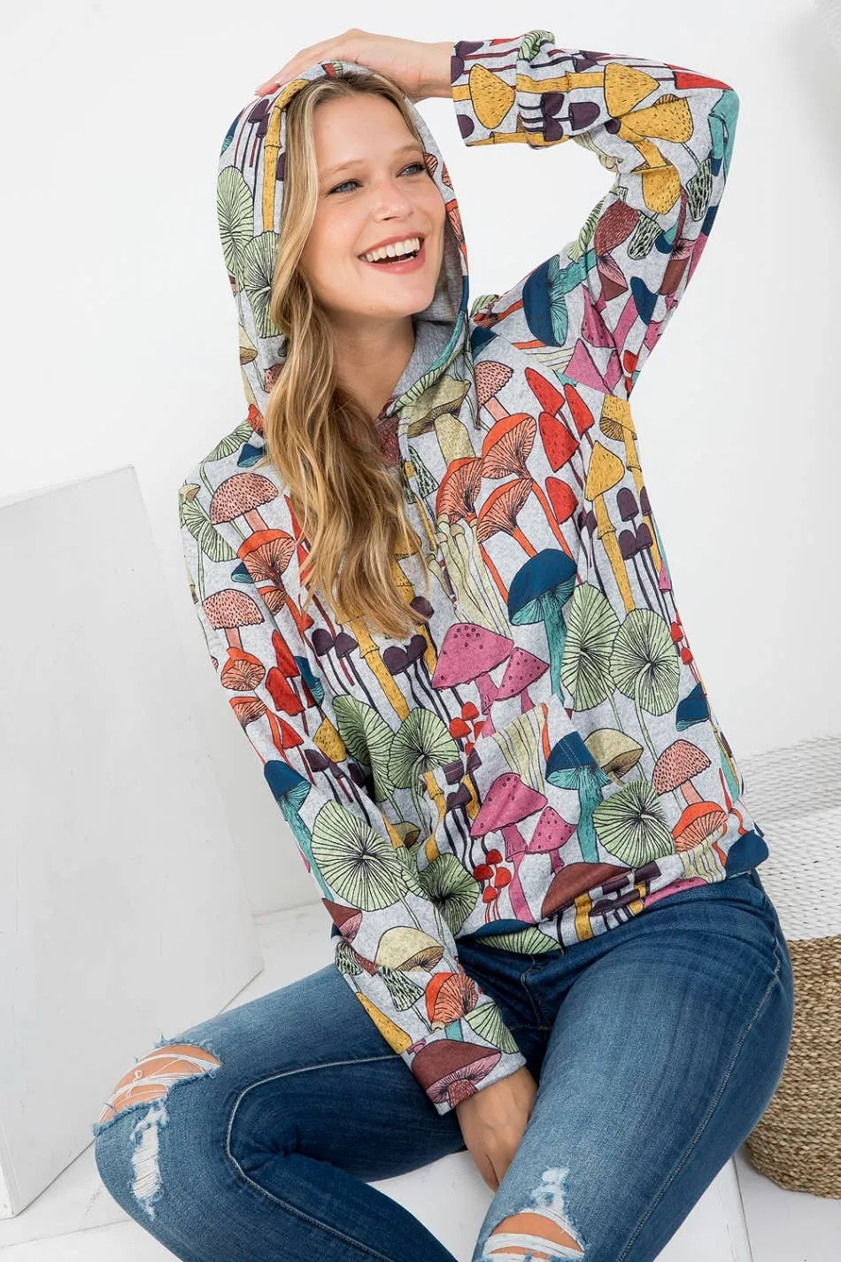 Whimsical Mushroom Print Hoodie with Pocket: LARGE