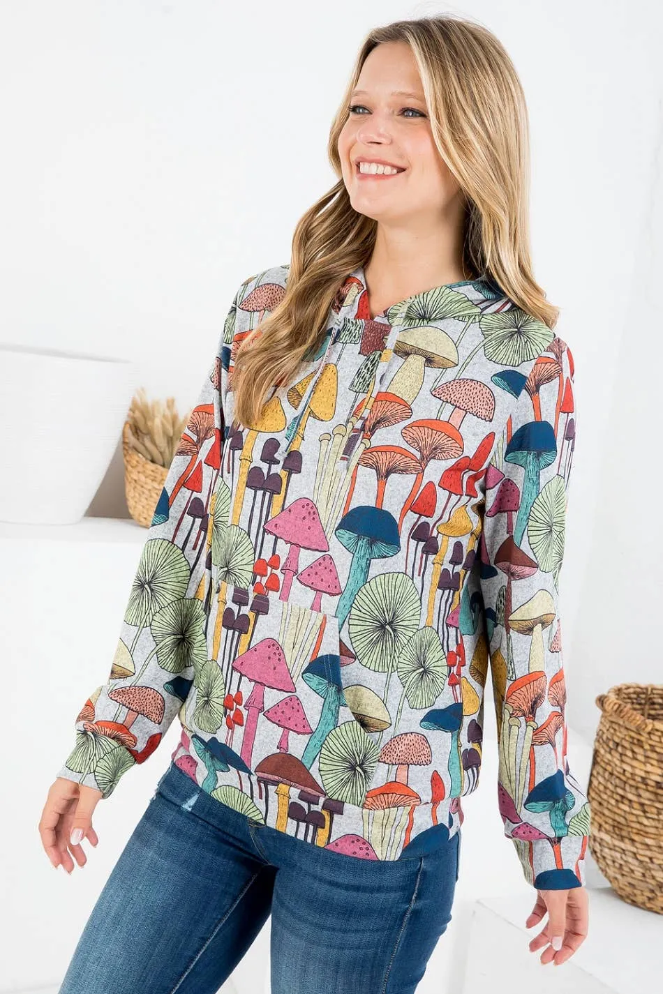 Whimsical Mushroom Print Hoodie with Pocket: LARGE