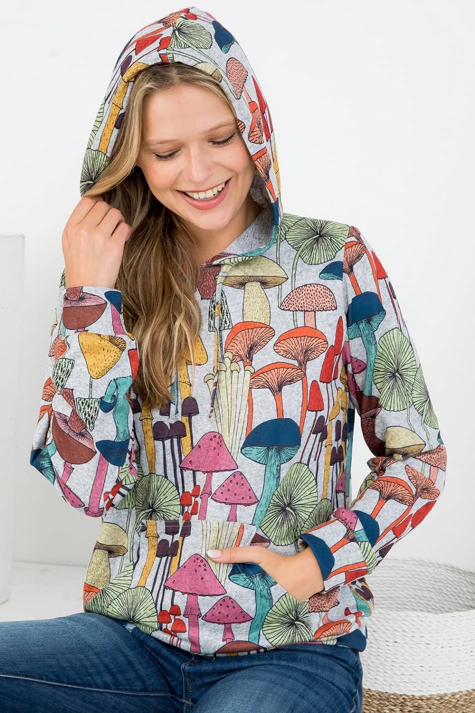 Whimsical Mushroom Print Hoodie with Pocket: LARGE